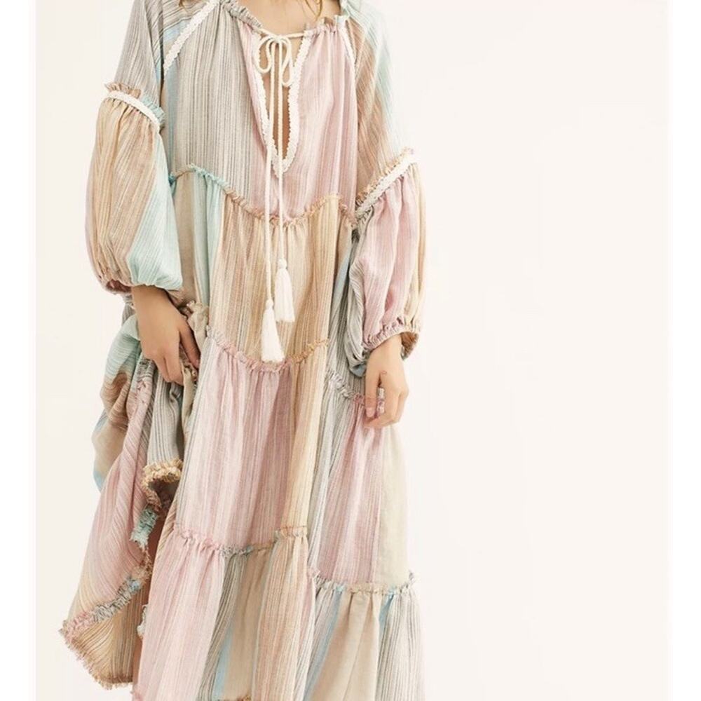 Free People In The Moment Dress Medium Patchwork Tiered Western Boho Angie Smith - Picture 3 of 12